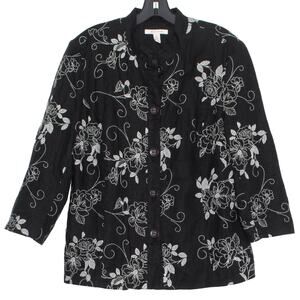 JM Collection Womens Jacket Linen Boho Cottage Embroidered Floral Black 14 HJ